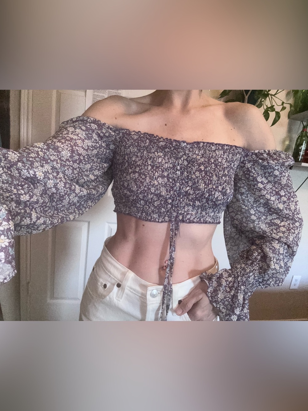 SHEIN Lavender Floral Smocked Off-Shoulder Crop Top
